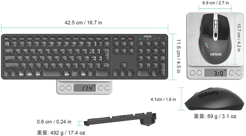 Arteck Bluetooth-Tastatur-Maus, verbindet sich mit 3 Geräten gleichzeitig, Bluetooth in voller Größe, ergonomisch, Smartphone, austauschbar mit Set, Multi-Pairing,