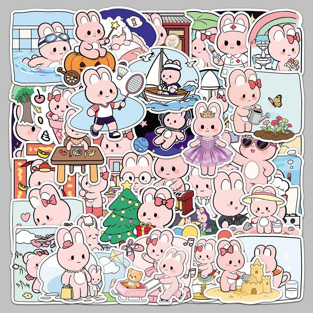 51 Cute Pink Rabbit Cartoon Stickers - Hand-Painted, Waterproof, Perfect for Laptops & Stationery