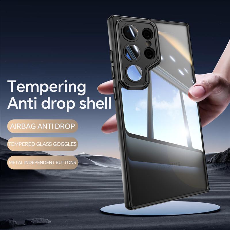 For Samsung Galaxy S24 S23 FE Plus Ultra Metal Armor Back Transparent Tempering Shell Full Cover With Lens Film Super Anti-drop Case Protector