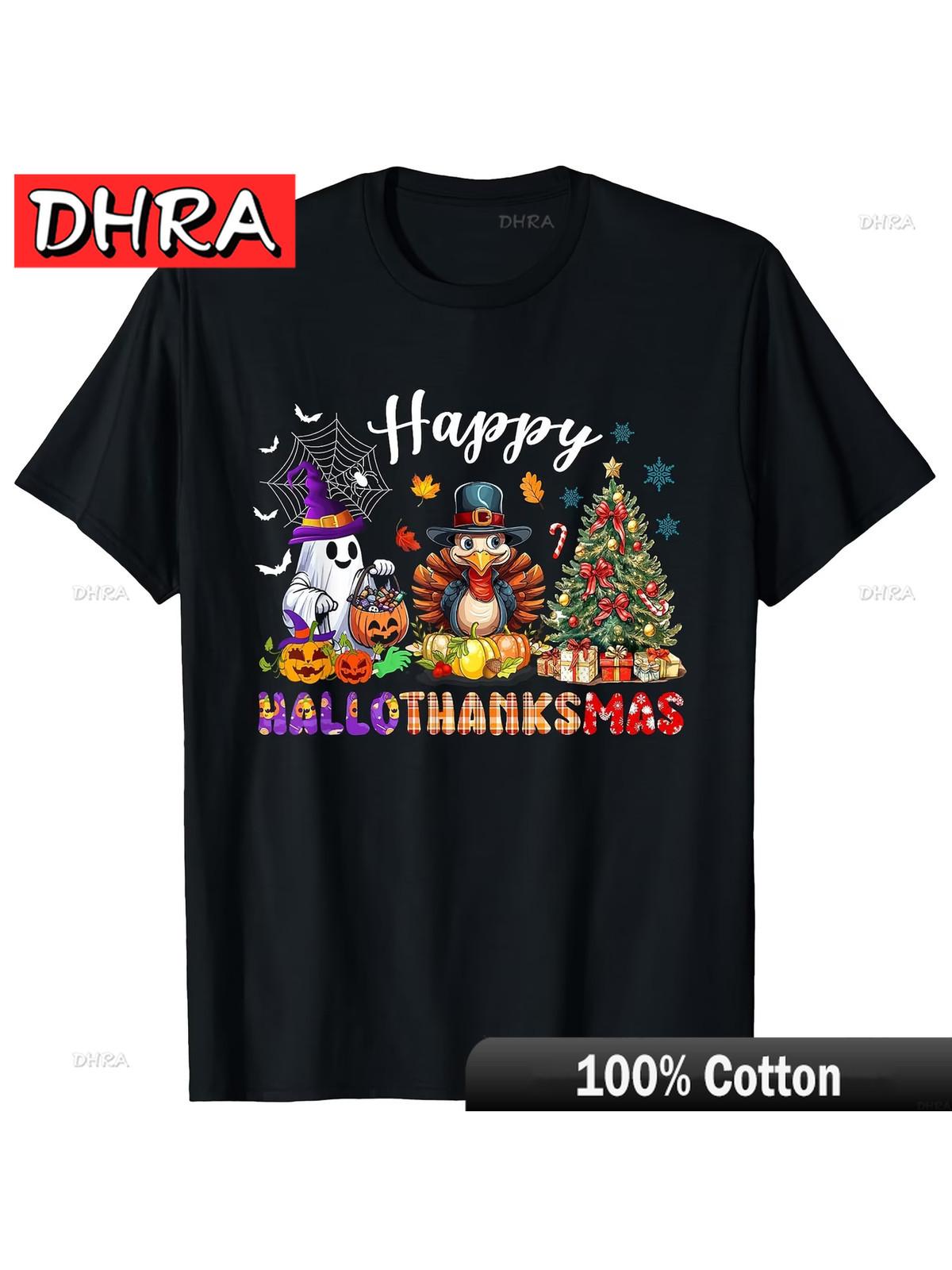 Unisexs Happy Hallothanksmas TShirt Halloween Thanksgiving Christmas Combo Part Featuring Retro Aesthetic Grunge Street Fashion 4XL