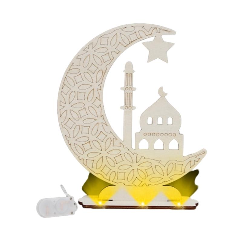 Unique Wooden EidMubarak Desk Ornament LED Moon Star DIY Lamp Light Table Decorations for Festive Celebrations