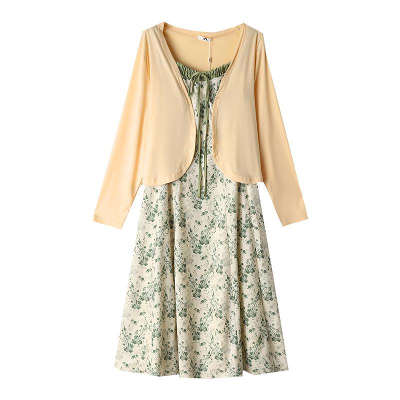 

Женское весенне-осеннее платье-хомут большого размера с цветочным принтом, вязаный кардиган, свежий и легкий комплект-двойка 6XL зелёный