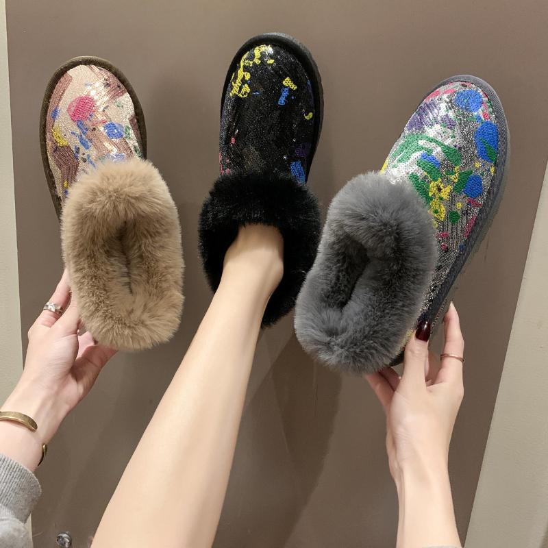 Sequins Women's Snow Boots Fur Warm Winter Shoes Women Ankle Boots Slip On Ladies Booties Round Toe Female Flats Cotton Shoes