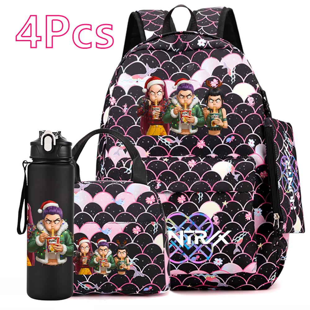 4Pcs/set Christmas Kpop Printed Backpack with Handbag Pencil Case 750Ml Water Bottler for Teenager Boy Girl Large Capacity Bookbag Schoolbag Kid Gift