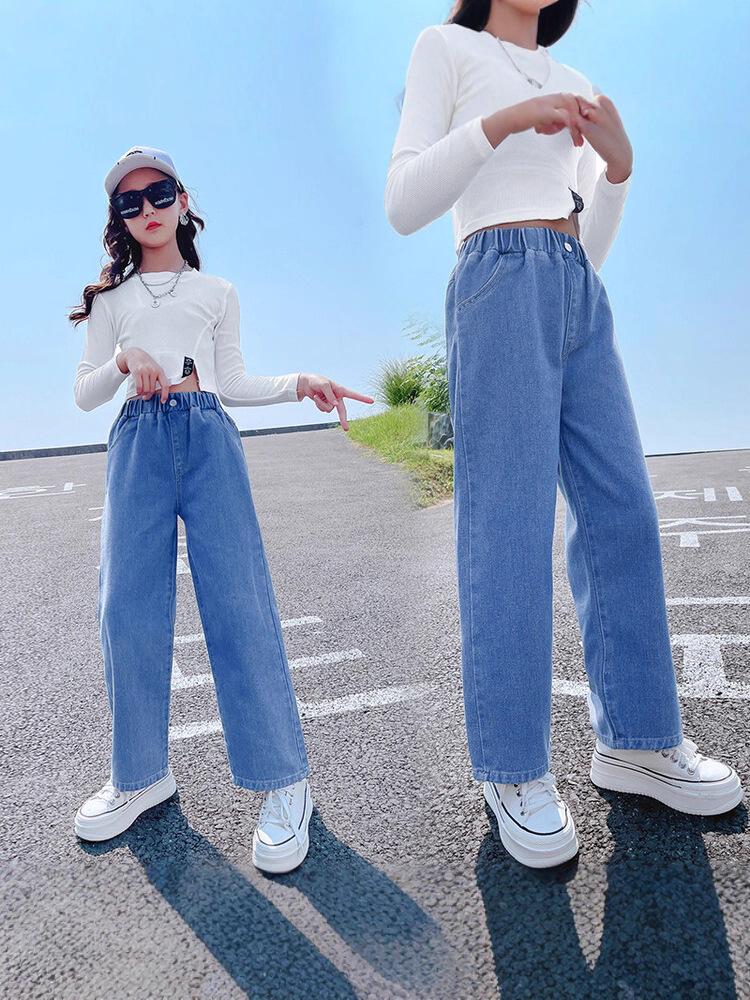 2025 Korean Style Girls' Autumn Wide Leg Jeans - Casual Loose Fit