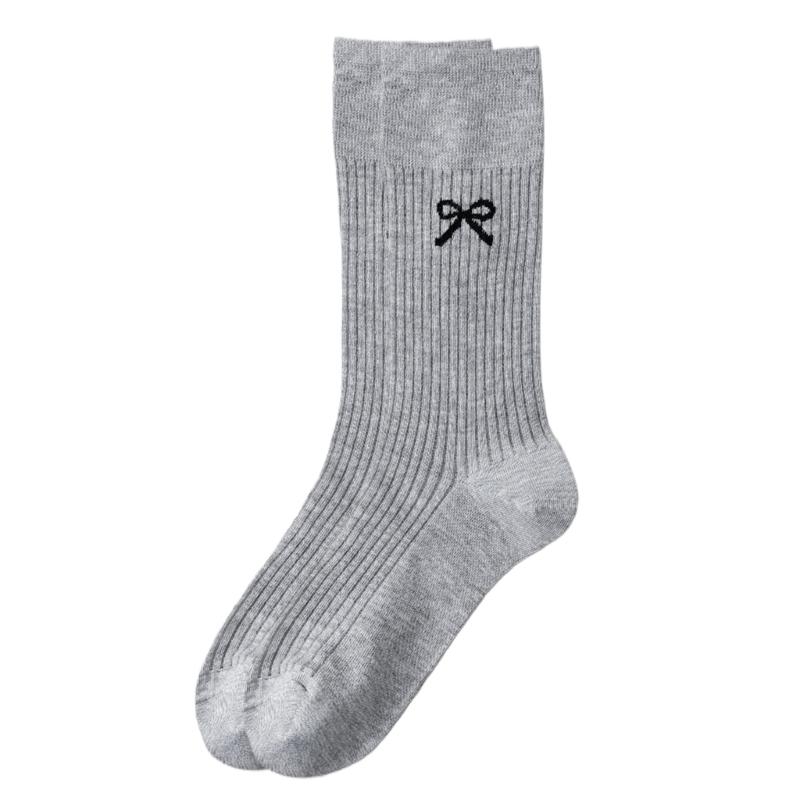 Cute Bowknot Pattern Long Calf Length Socks for Women and Girls Breathable Mesh Ribbed Student Cotton Stockings Hosiery