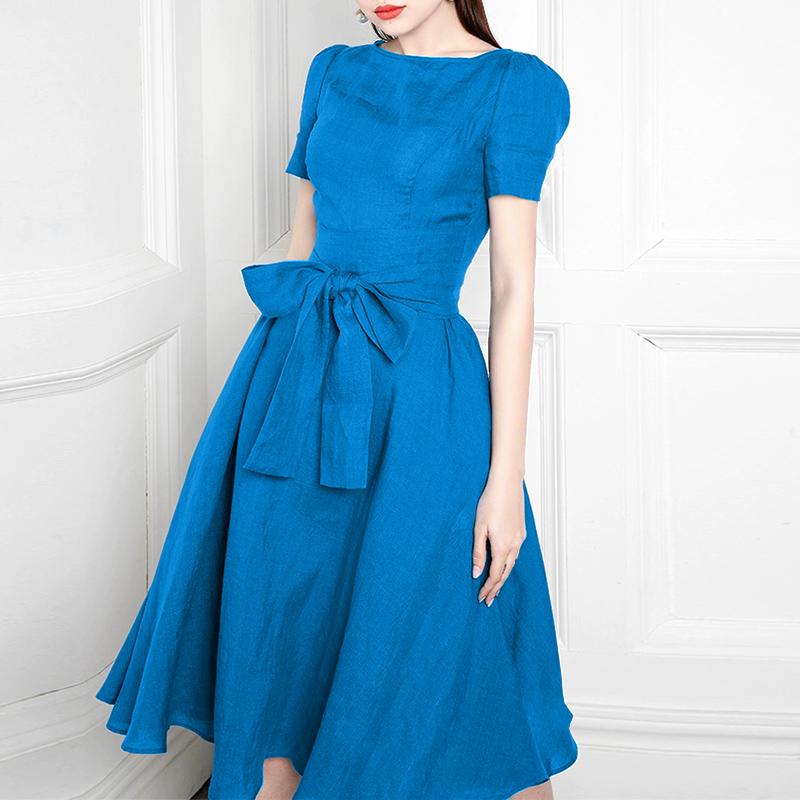 ZANZEA Elegant Casual Round Neck Bows Patchwork Summer Short Sleeve Dress