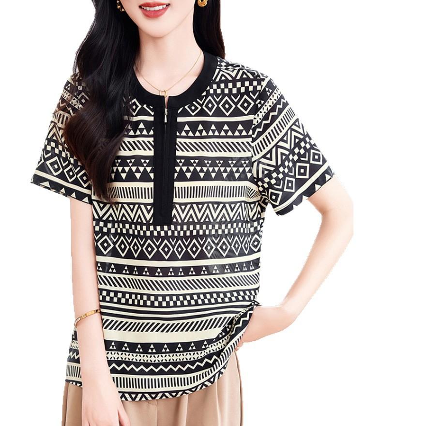 Fashion Silk Top Women's Short-sleeved Summer Wear New Temperament Thin Shirt Mulberry Silk T-shirt