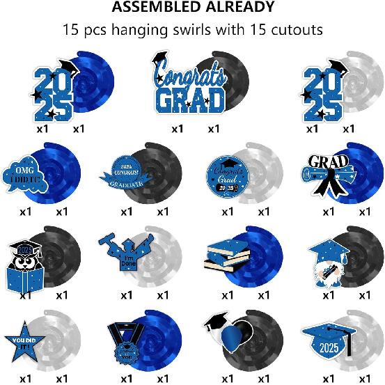 Tifeson Graduation Decorations 2025 Blue - 36 PCS Party Supplies, Congrats Grad Hanging Swirls, High School College Class of 2025 Decor