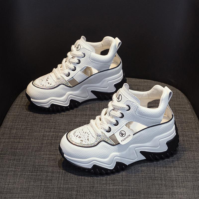 2025 new leather belt drill hollow dad shoes women's summer lightweight inner height increase casual sports shoes platform sandals