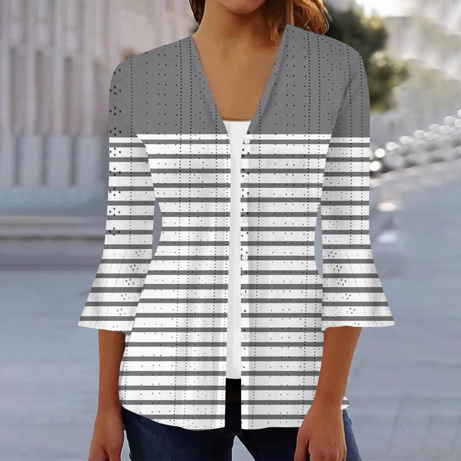 

Женская мода свободный повседневный принт с рукавом три четверти рубашка на пуговицах кардиган топ L