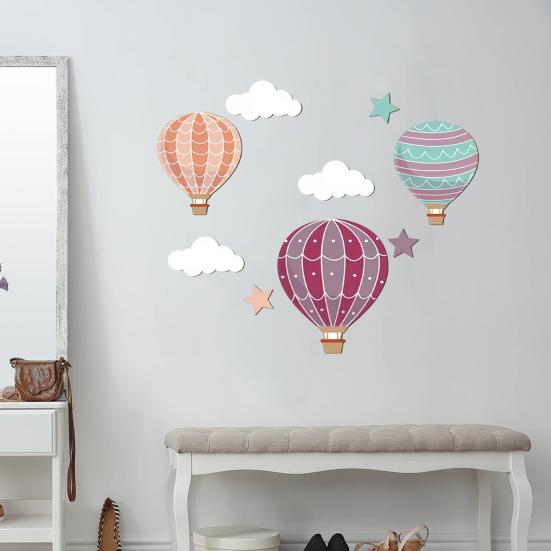 9 Pcs Hot Air Balloon Wooden Wall Sign Boho Nursery Wall Art Stars Clouds Balloons Wall Sculpture for Kids Bedroom Playroom Home Decor