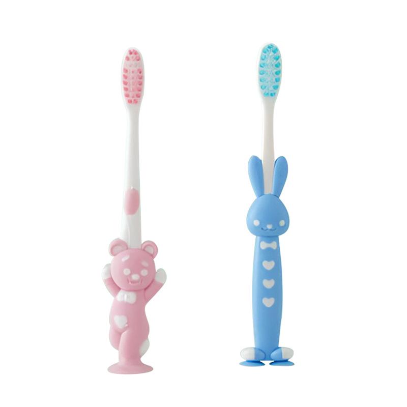 Set of 4 Cartoon Bear and Rabbit Children's Soft Toothbrushes with Suction Cup Base