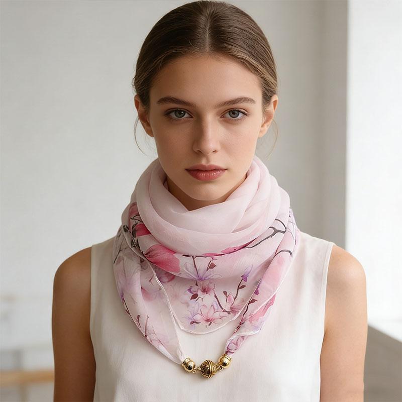 1Pc Scarf Versatile 65CM Fashion Magnetic Clasp Gift Neck Scarf Sweet Printed Chiffon