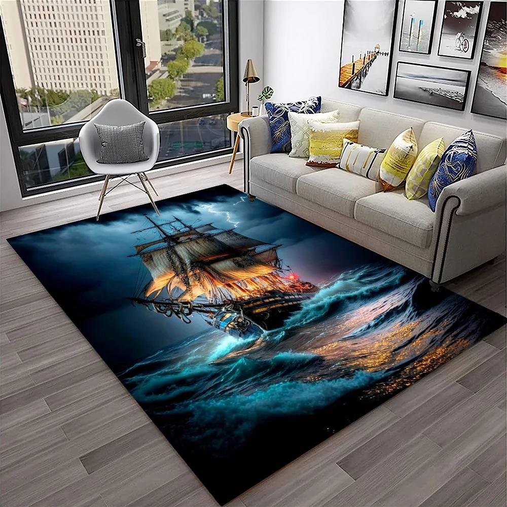 3D Piratenschiff Boot, Bark, Segelboot Teppich für Zuhause Wohnzimmer Schlafzimmer Sofa Fußmatte Dekor, Kinderbereich Teppich Rutschfeste Bodenmatte