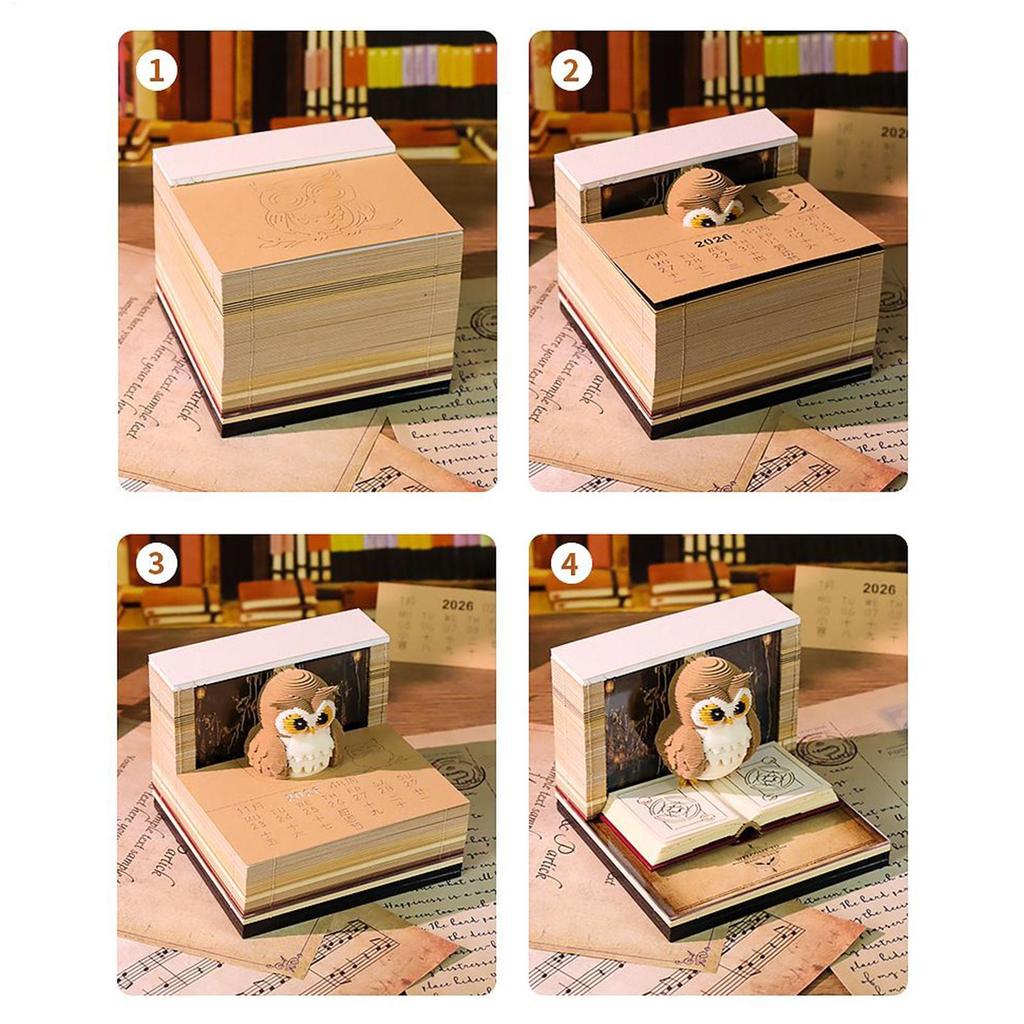 3D Time Piece Calendar 2026 3D Memo Pad Art Sticky Notes Owl-Shaped Tear Away Carving Time Piece Notepad New Year Gifts