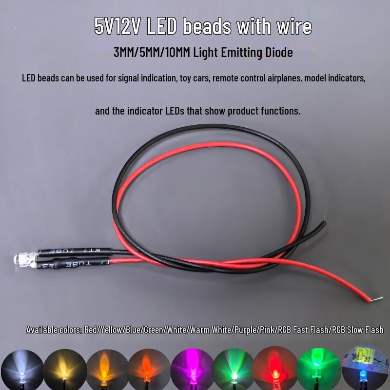 3MM/5MM LED-Licht mit hoher Helligkeit mit Draht für Spielzeugauto-Blinker, 5V/12V Perlenbirne