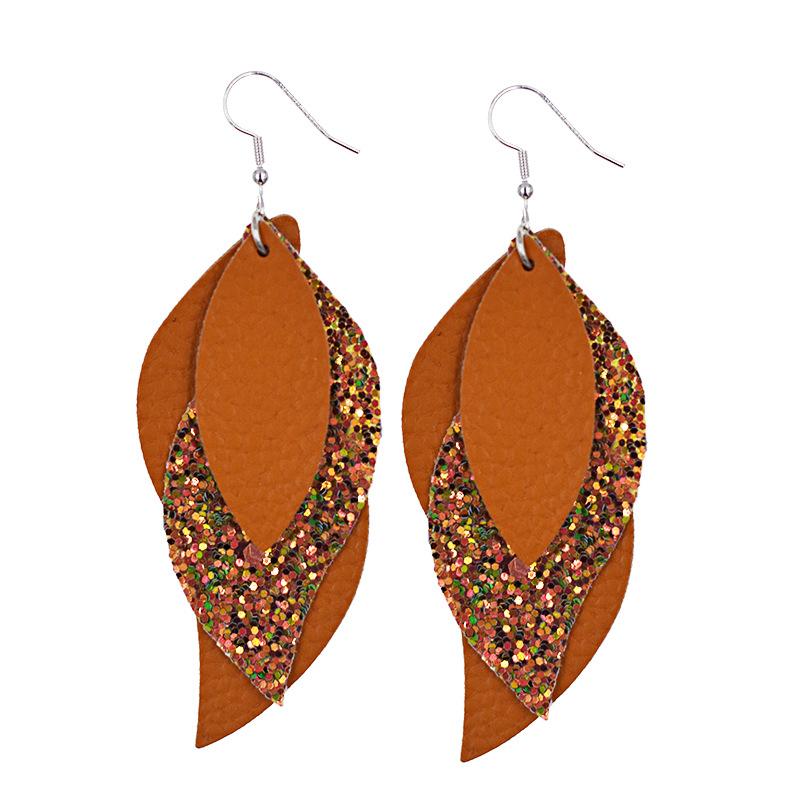 Fashion 3 Layer Stackable Glitter Faux Leather Teardrop Earrings For Women PU Leaf Shaped Lightweight Dangle Earrings Jewelry