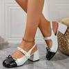 Mary Jane High Heels Women 2025 New Summer Round Toe Light Mouth Colorblock Metal Chain Slip Strap Square Heel Sandals
