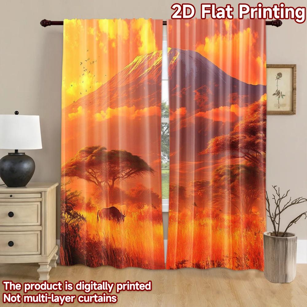 2D Flat Printing 2pcs Curtains African Landscape Kilimanjaro Mountain Elephant Digital Printed Polyester Drapes All Season Party