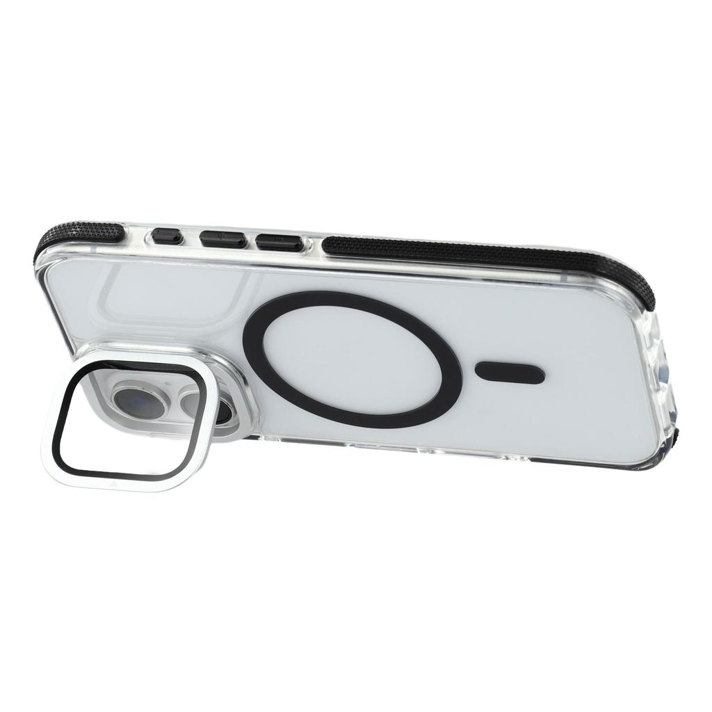 For iPhone 16 Magnetic Case TPU Acrylic Clear Phone Back Cover with Lens Protector Kickstand