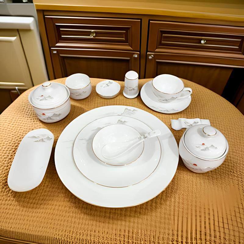 Luxury Gold Rim Bone China Tableware Set - Elegant Ceramic Plates, Bowls, and Dishes for Hotels or Home Use