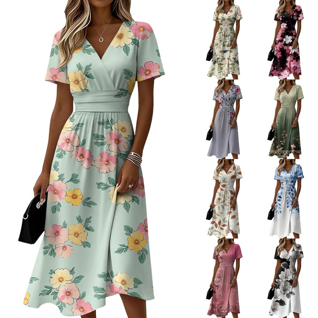Rochie de damă florală casual, la modă, cu mânecă scurtă și decolteu în V