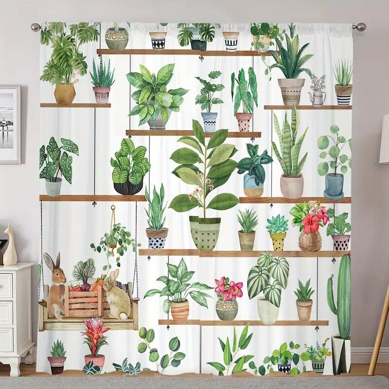 

2Pcs - Bright Potted Plant And Succulent Plant Printed Curtains, Pole Bag Curtains, Home Decoration, Room Decoration 14Wx39L(35x100CM)x2