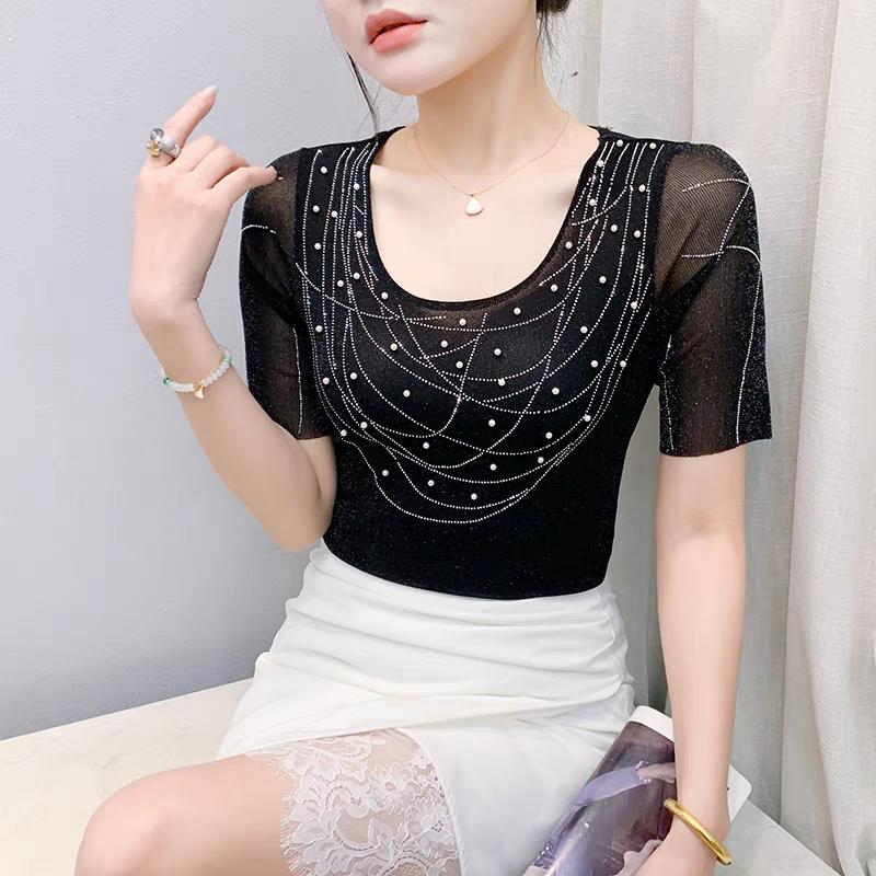 

Летняя женская футболка с блестящими бусинами, модный повседневный облегающий сетчатый топ, классическая дизайнерская футболка с коротким рукавом, блузка 3XL чёрный