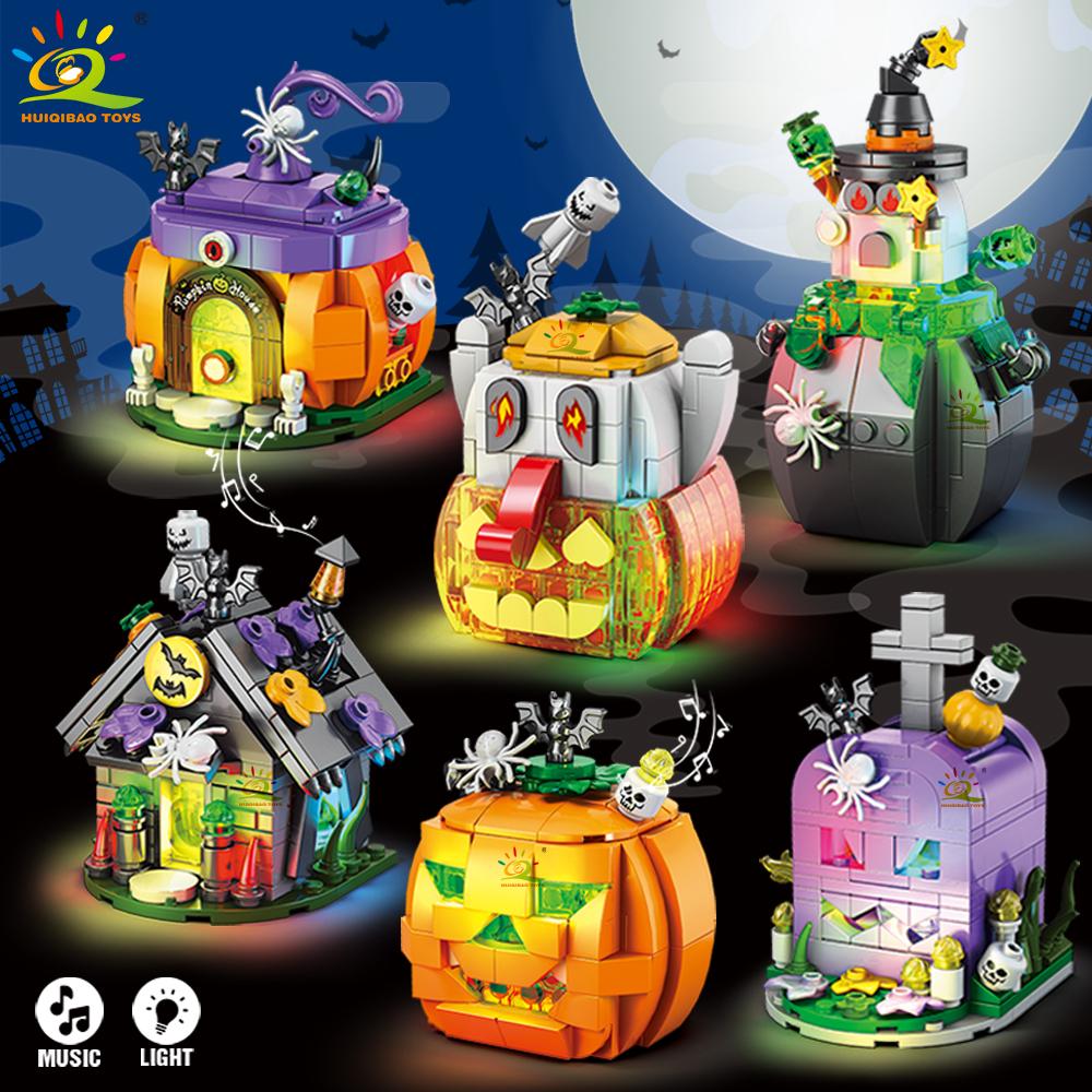 Halloween Model Building Blocks City Pumpkin Ghost House Train Car Moc Bricks Set Toy For Children Home Decoration Gift
