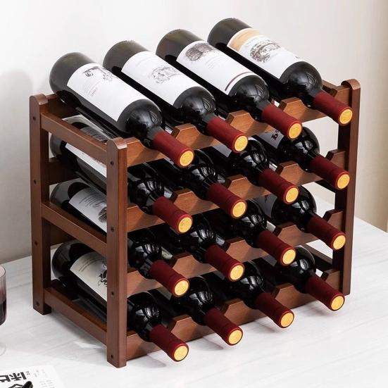 Bamboo Wine Rack Holder Bar Cabinets Stackable Storage Cube Tabletop for Champagne Multilayer DIY Assembled Natural Wood Bottle Holder for Kitchen
