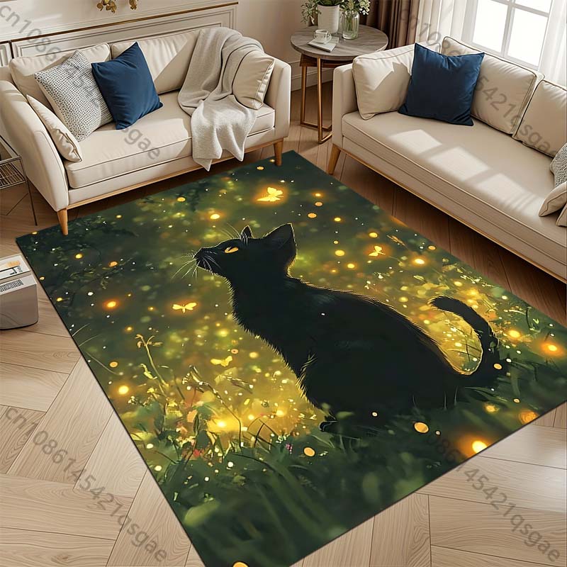 1PC Black cat with fireflies Print Carpet Rug for Living Room Bedroom Sofa Doormat Home Decor Non-slip Floor Mat