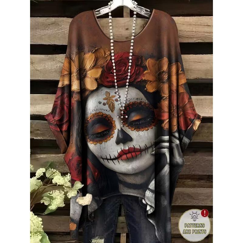 Damen T-Shirt Gothic Stil Bohemian Totenkopf Druck Locker Unregelmäßiger Saum Rundhalsausschnitt Kurzarm Shirt Oversize Y2k Sommerkleidung
