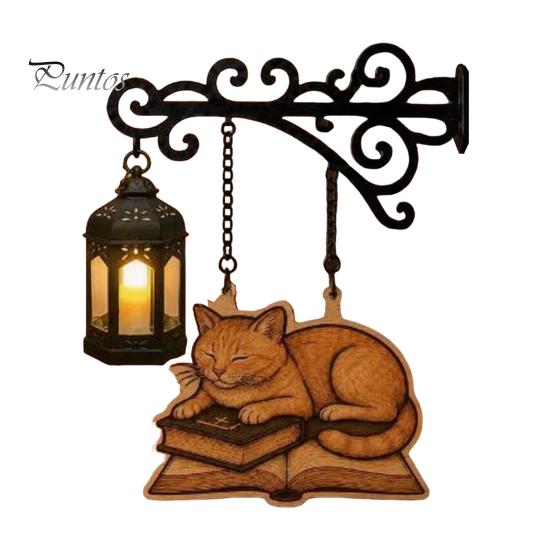 Retro Bookshelf Light Vintage with Cat Sleeping on Book Design, Lantern Rustic Metal Wall Lamp for Reading, Decorative LED Study Room Library