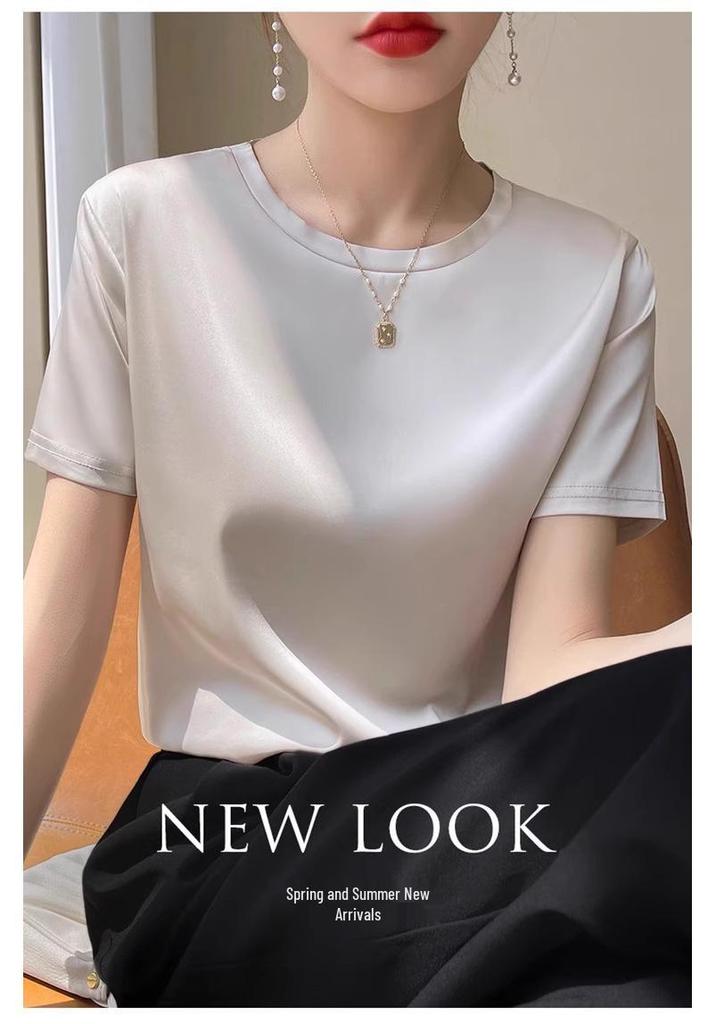 Damen Kurzarm Imitation Seide V-Ausschnitt T-Shirt - Weißes Satin Unterhemd Frühling/Sommer Top