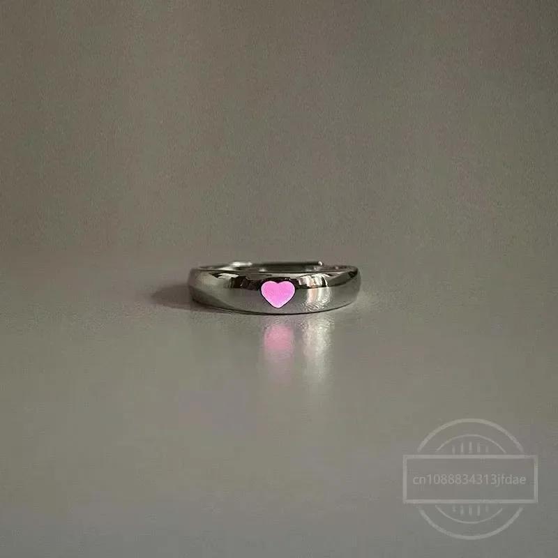 

Fashion Blue Pink Love Heart Luminous Couple Ring for Women Men Vintage Glow In Dark Opening Adjustable Rings Jewelry Gifts розовый
