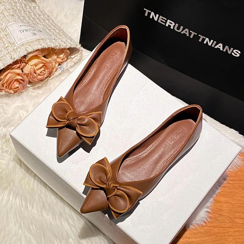 New Women Leather Flat Shoes Beautiful Pointed Toe Casual Boat Shoes Fashion Bowknot Slip-on Loafers