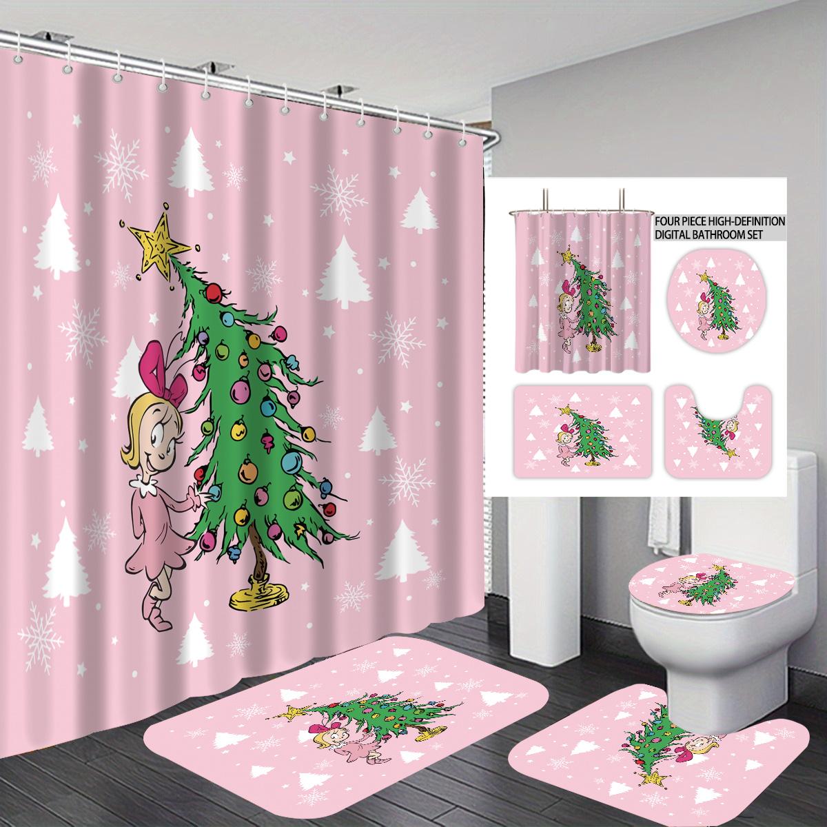 

4pcs pink romantic Christmas tree print bathroom set 180x180 waterproof shower curtain, floor mat, toilet mat U-shaped pad