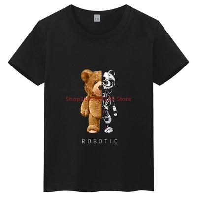 Summer Pure Cotton Childrens Short Sleeved Mechanical Teddy Bear Printed Childrens Tshirt Round Neck Casual Parentchild Top
