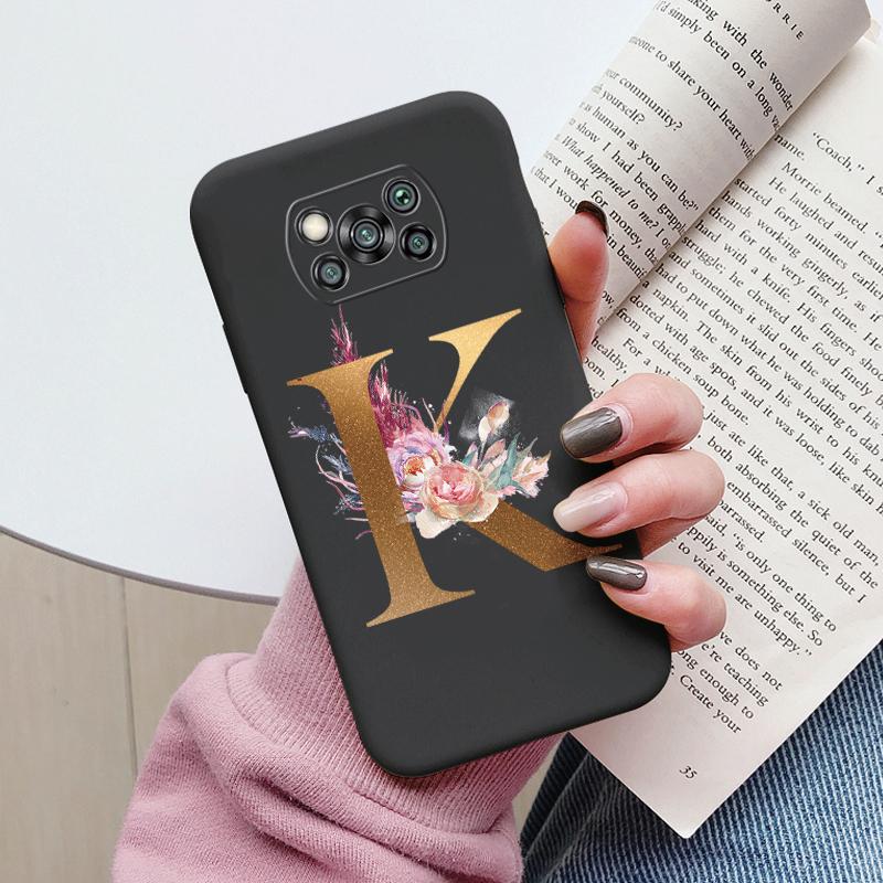 Letter Case For Poco X3 NFC PocoX3 Pro Back Cover Retro Flowers Pink Black Soft TPU Initial Fundas For Xiaomi Poco X 3 Pro Coque
