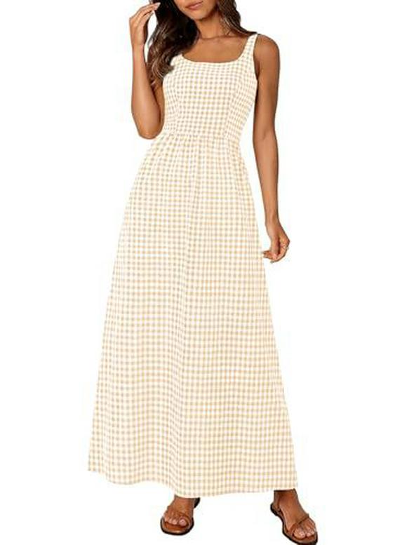 European & American Style Square Neck Plaid Shirred Dress - Fashionable Strappy Casual Women's Dress