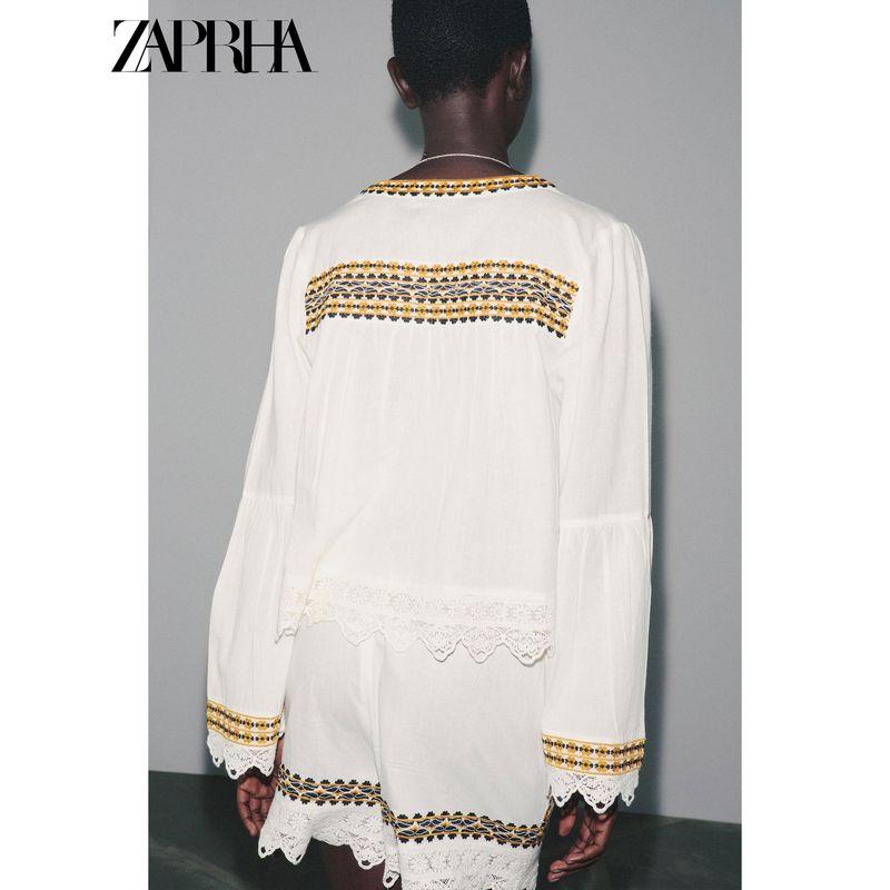 Zaprha 2025 Summer New Fashion Contrast Color Embroidery Design Horn Long Sleeve Round Neck Shirts 2903241