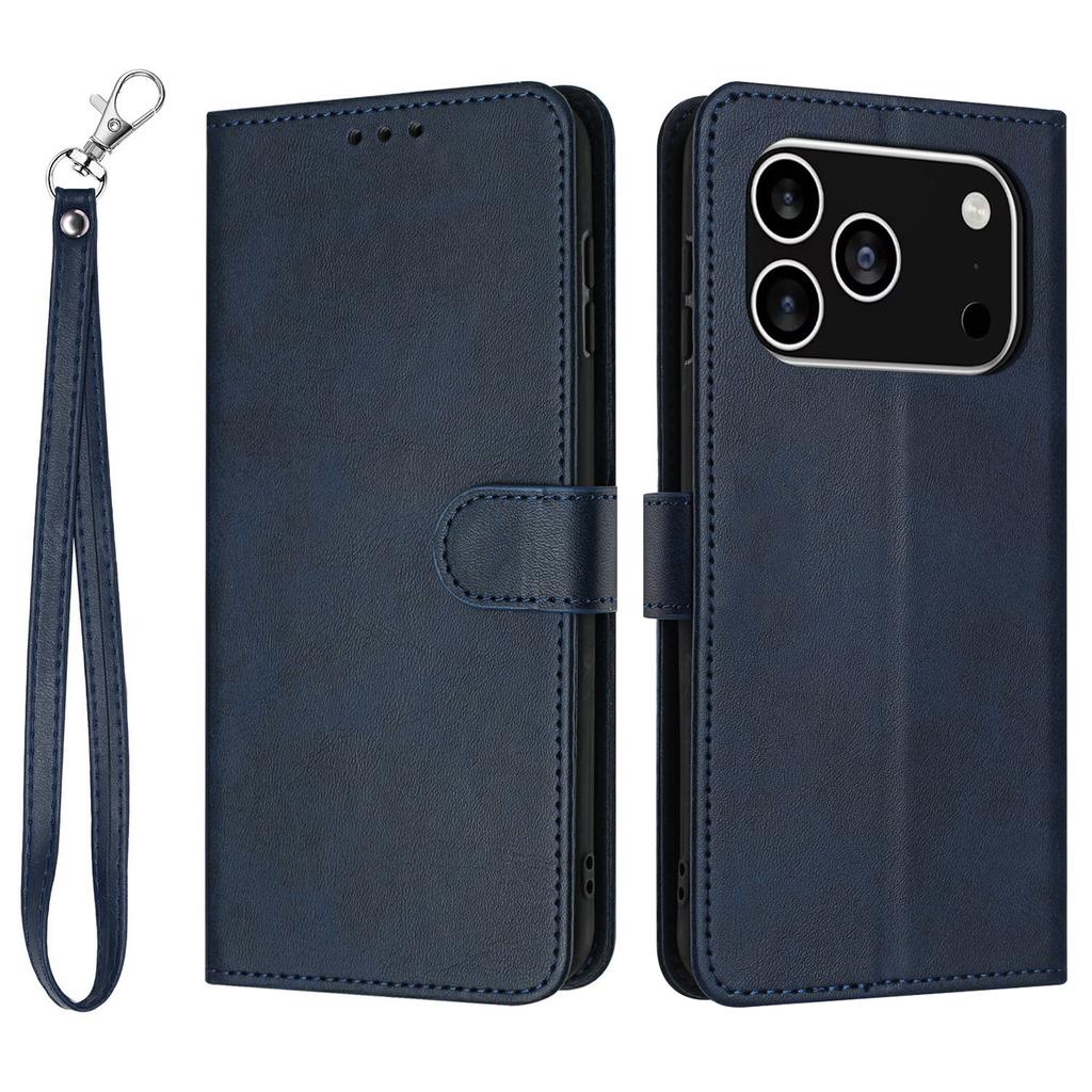 For iPhone 17 Pro Case Flip Stand Calf Texture PU Leather Wallet Phone Cover with Strap