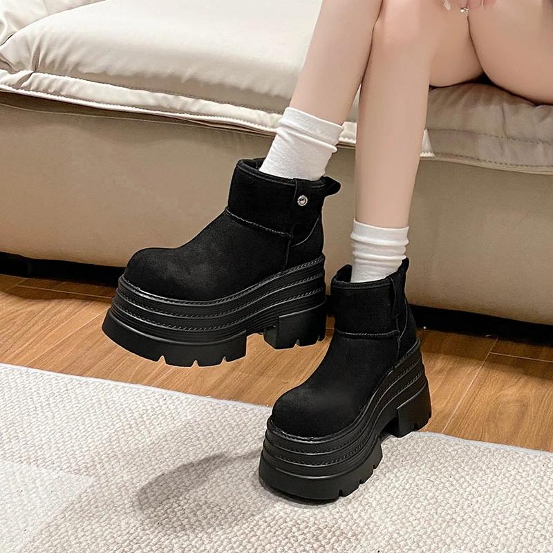 Women Snow Boots Non-slip Winter Warm Plush Short Boots Thick Fur High Platform Ankle Boots 10CM Suede Leather Chunky Sneakers