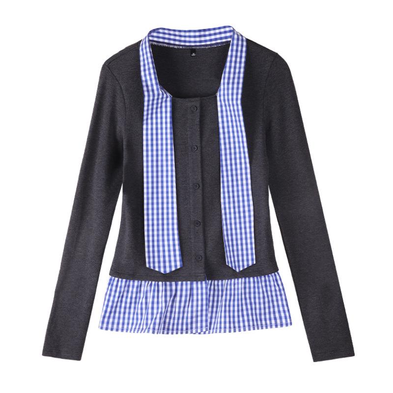 Women's Plaid Color Block Two-in-One College Style Long Sleeve Cardigan Top (2025 Autumn Edition)