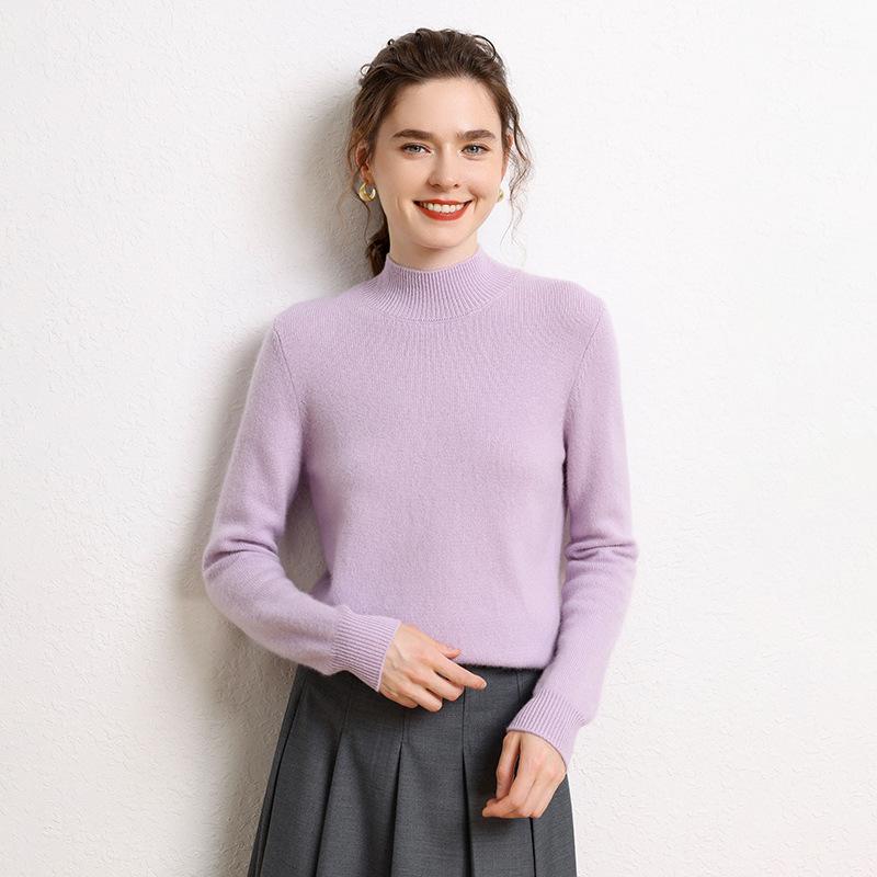 2026 Autumn/Winter Women's Cashmere Sweater: Half-High Collar, Solid Color, Gentle Style, Loose yet Slimming, Warm Base Layer.