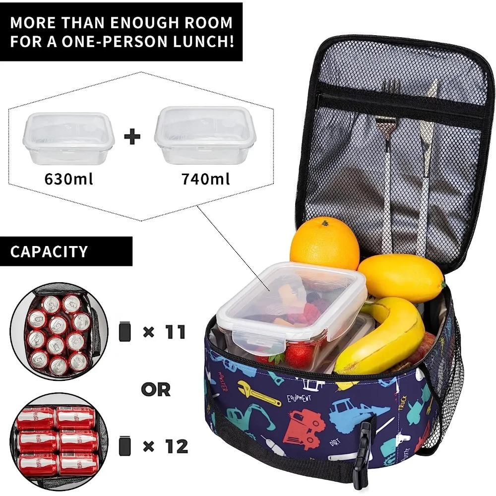 Cartoon Excavator Truck Pattern Lunch Box Boys Kids Men Insulated Bento Bag Reusable Portable Thermal Organizer for Picnic Beach