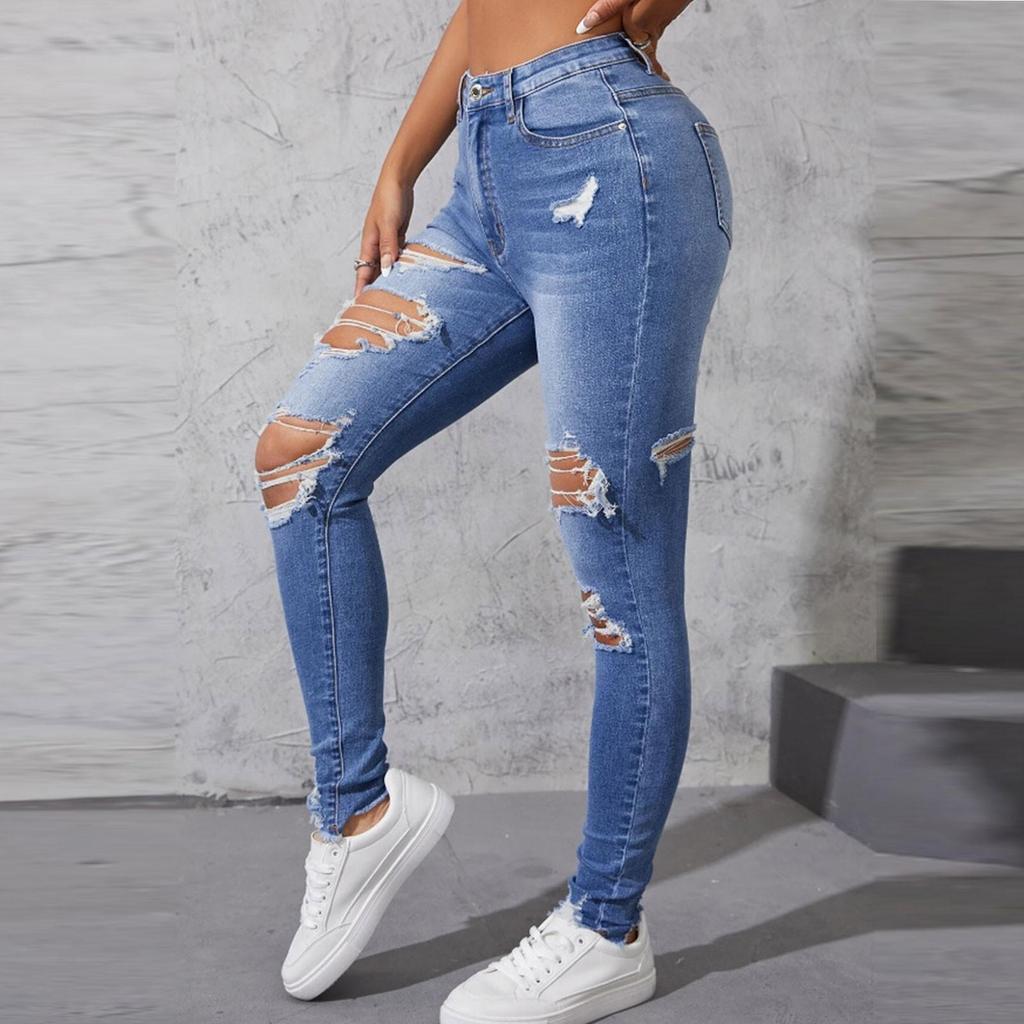 Dziewczęce modne podarte obcisłe spodnie casualowe w stylu skinny foot jeans