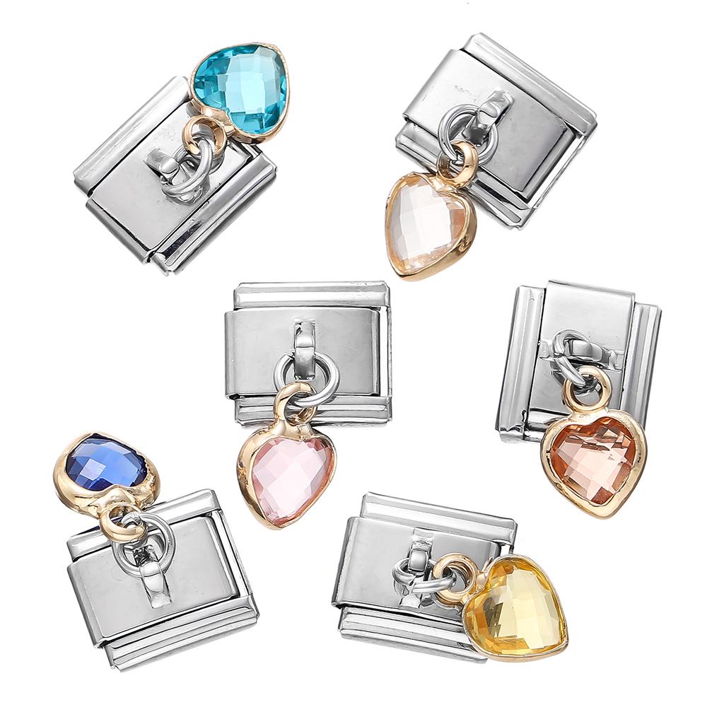 1pcs Italian Charm Links with Rhinestone Heart Pendants Fit 9mm Stainless Steel Bracelet Making Women Jewelry Accessories