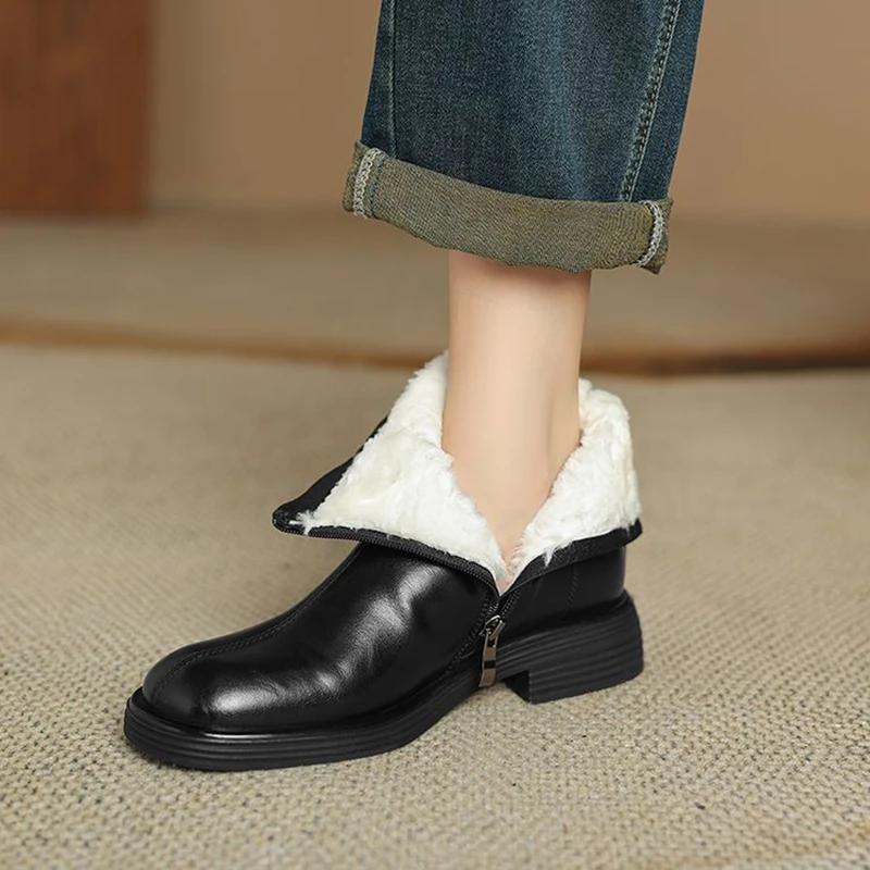 Fashion NEW Winter Women Boots Round Toe Chunky Heel Shoes Split Leather Shoes for Women Concise Warm Plush Ankle Boots Zip Modern Boots
